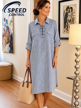 Speed Control,Slimming Blue/White Striped Long Sleeve Shirt Dress,eUC,Size 3X